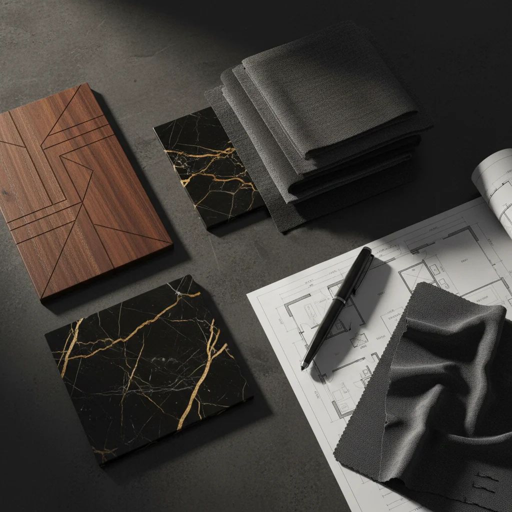 Premium interior design materials including marble, mahogany, and fabric swatches, representing Hammer & Host's custom interior curation process.