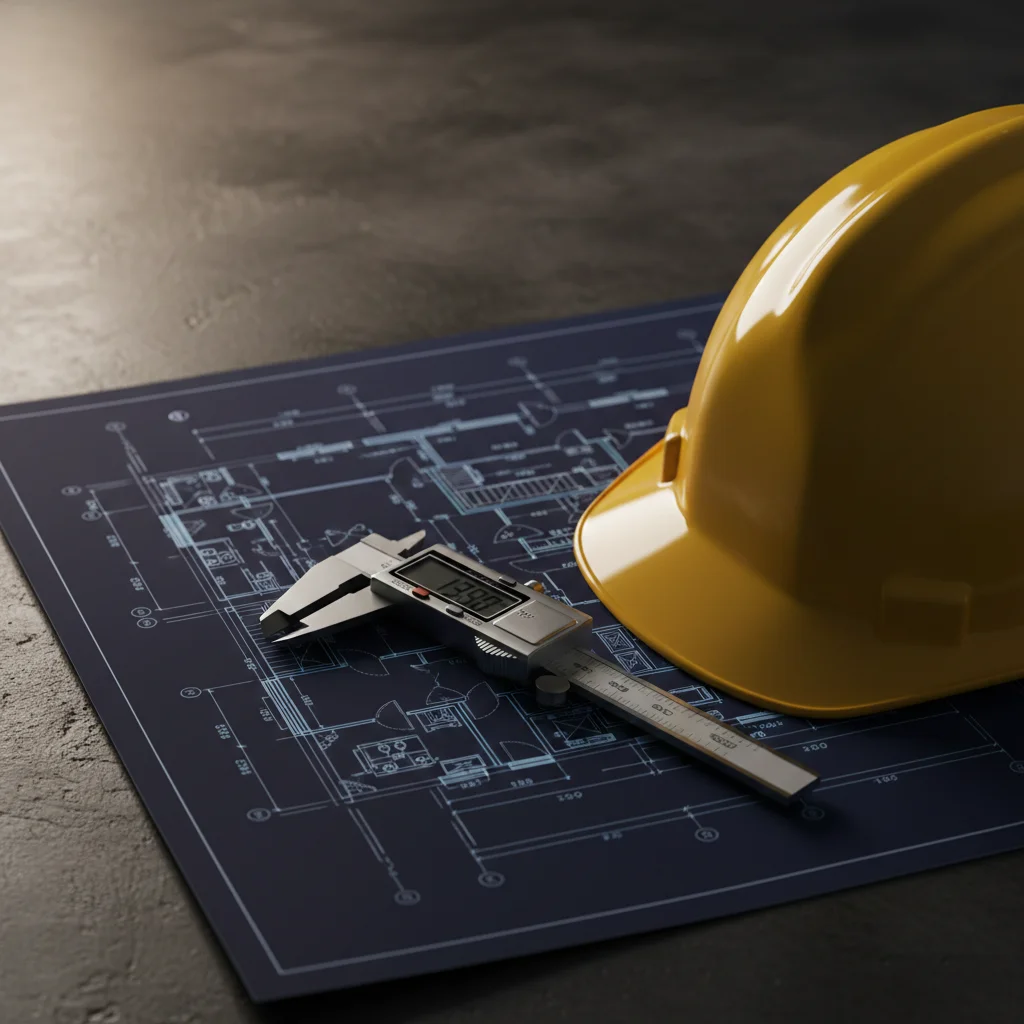 A flawless architectural blueprint, digital caliper, and hardhat representing Hammer & Host's strict vetting protocol for elite construction artisans and engineers in Abuja.