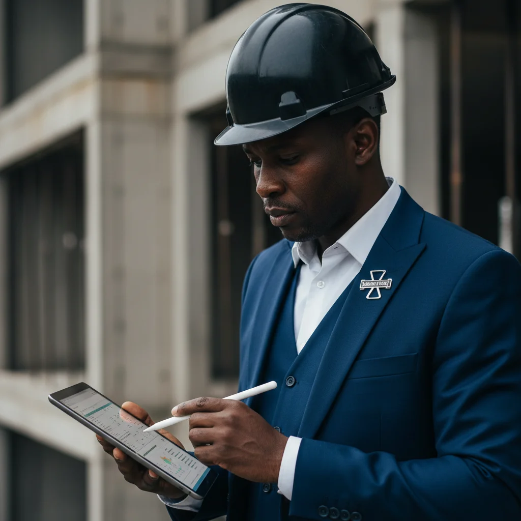 A Hammer & Host representative using an iPad to verify construction materials, acting as an independent project monitor in Nigeria.