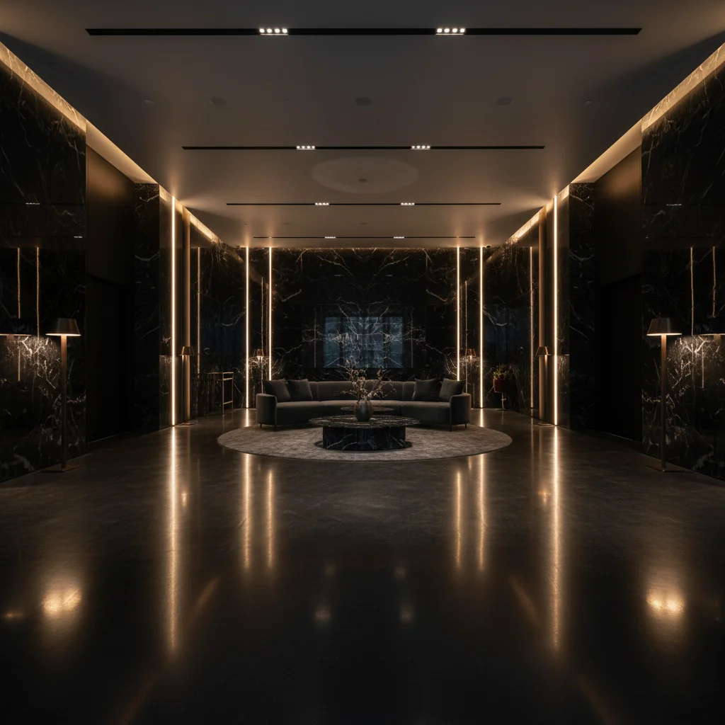 An immaculate, ultra-luxury modern lobby showcasing Hammer & Host's premium interior design and high-end hospitality management services in Abuja.