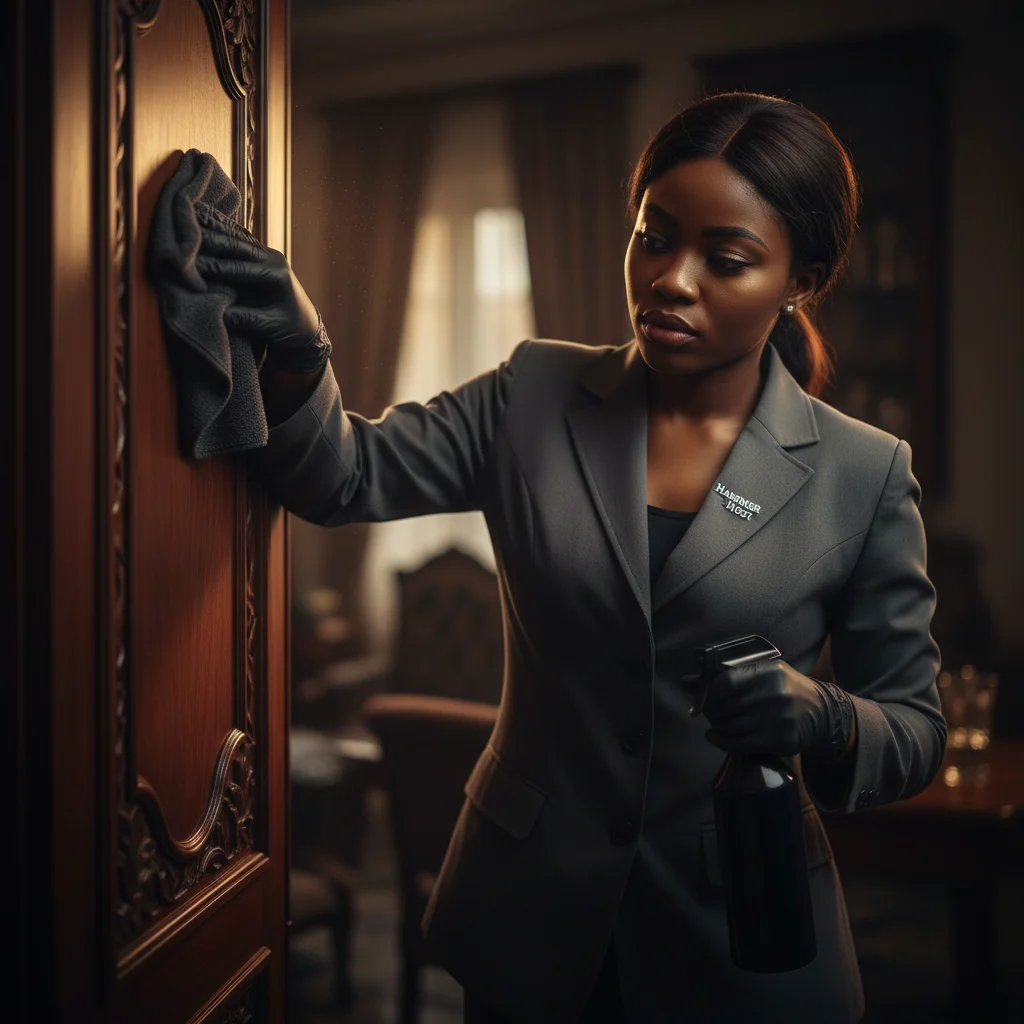 A professional Hammer & Host detailing specialist carefully cleaning bespoke woodwork, ensuring material safety and elite sanitization.